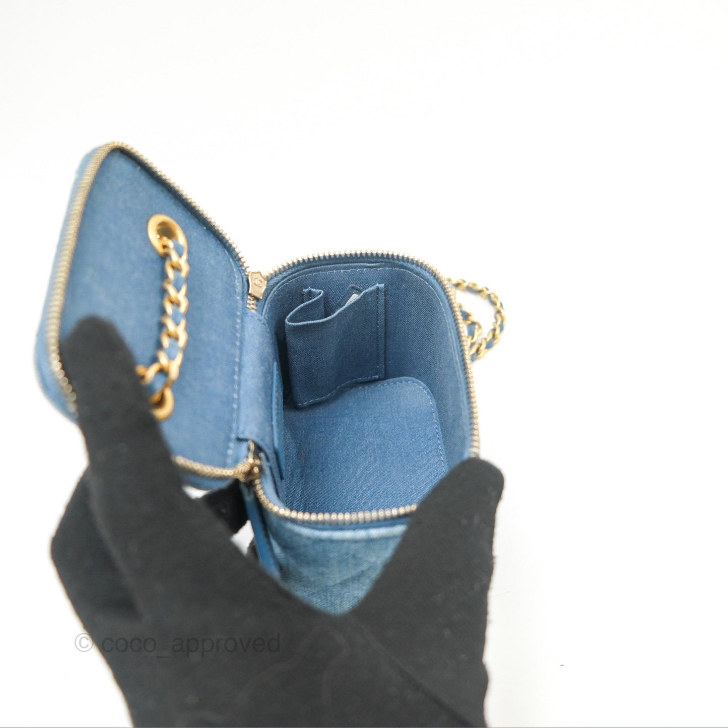 Chanel Mini Pearl Crush Vanity With Chain Denim Aged Gold Hardware