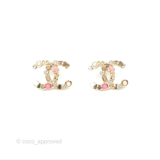 Chanel Crystal Pearl Pink CC Earrings Gold Tone 19S