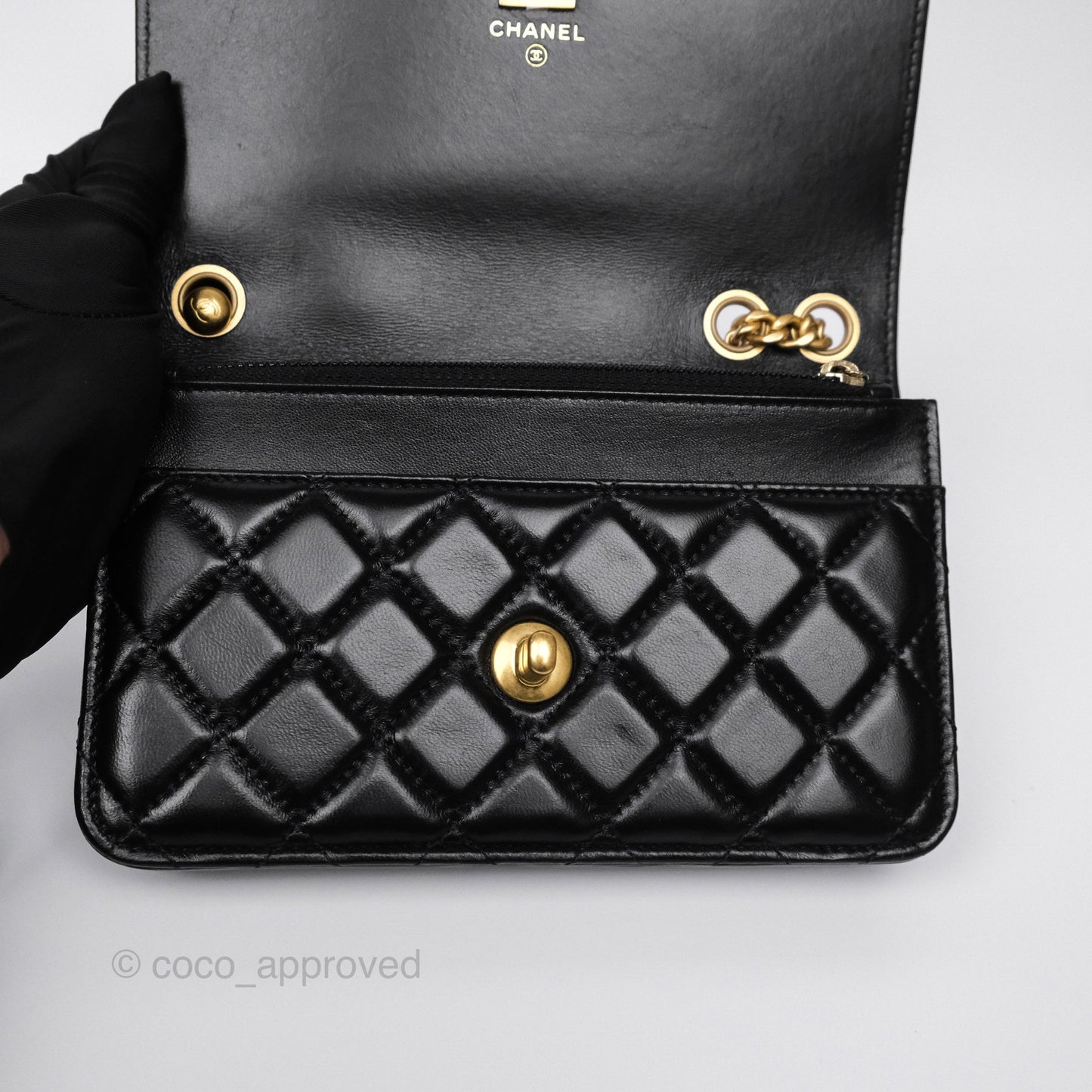 Chanel All Slide Wallet on Chain WOC Adjustable Chain Quilted Black Lambskin 22K