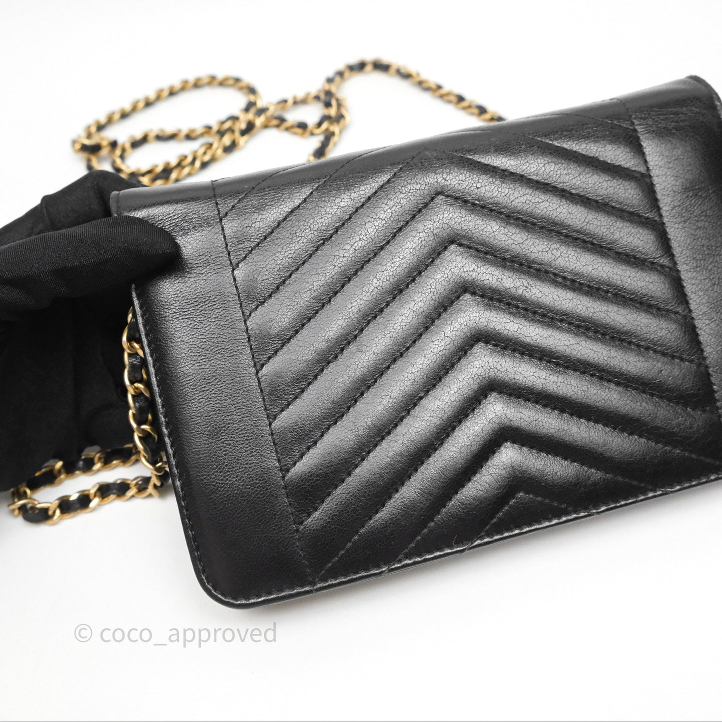 Chanel Reversed Chevron Wallet On Chain WOC Black Lambskin Aged Gold Hardware