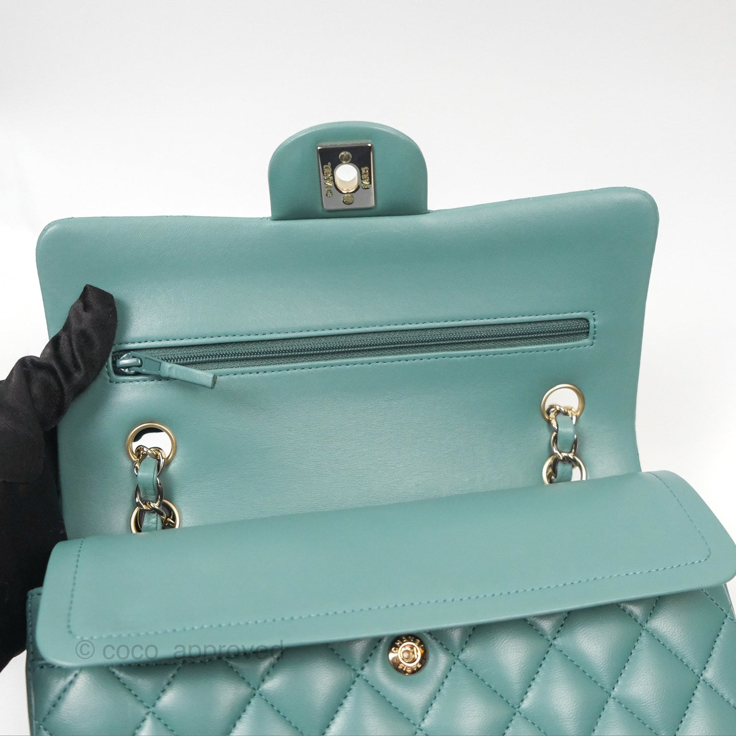 Chanel Small Quilted Classic Flap Dark Tiffany Green Lambskin Gold Hardware
