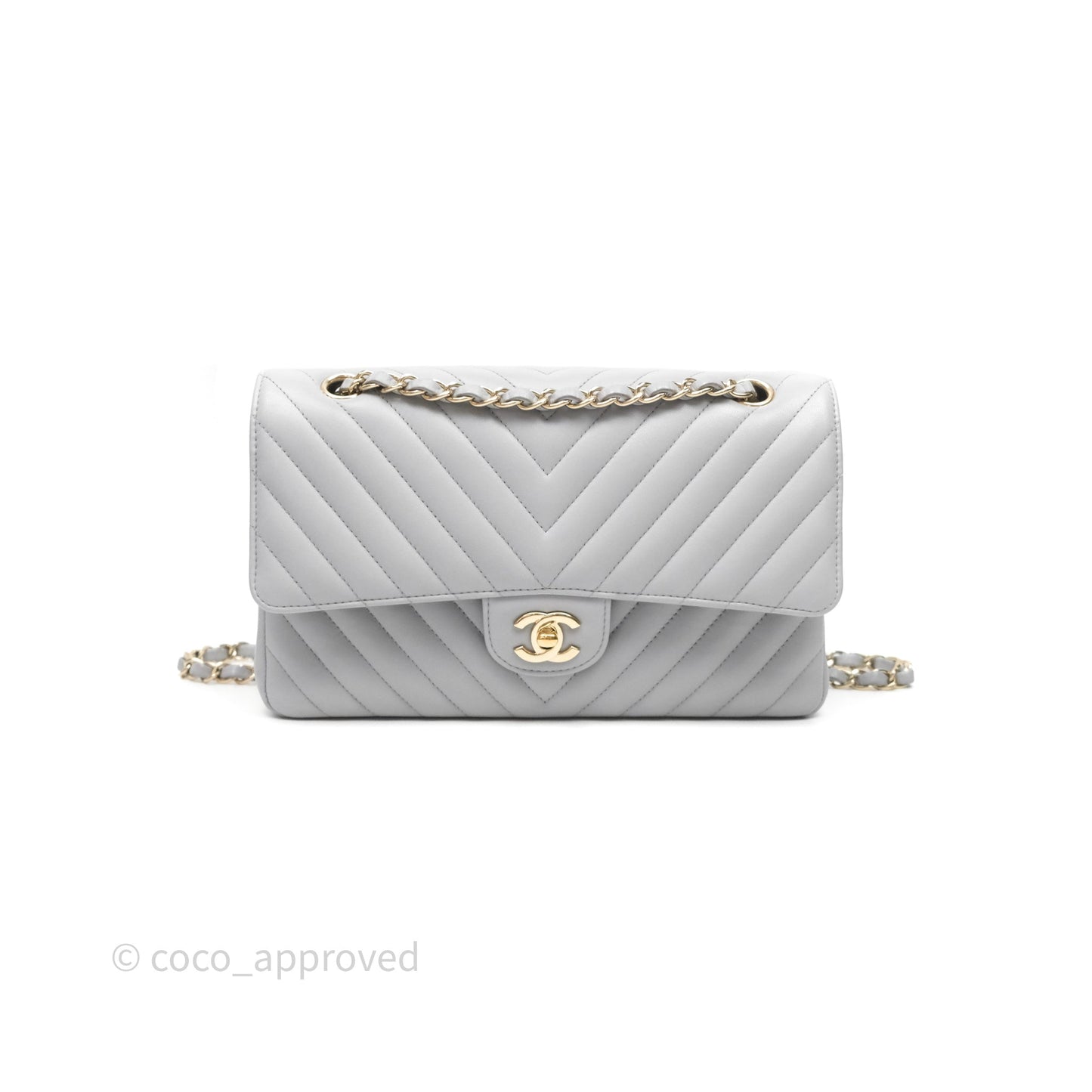 Chanel Classic M/L Medium Flap Chevron Grey Lambskin Gold Hardware