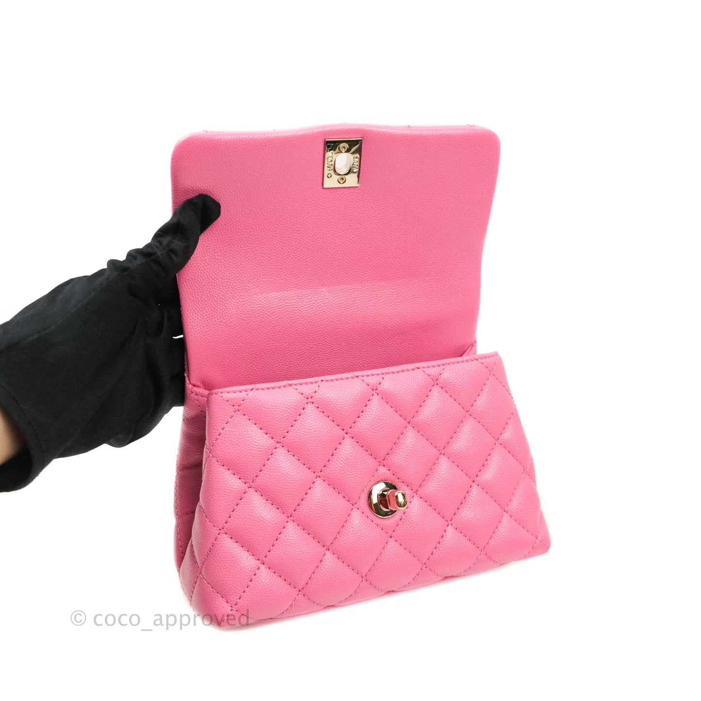 Chanel Extra Mini Coco Handle Quilted Pink Caviar Lizard Embossed Handle Gold Hardware