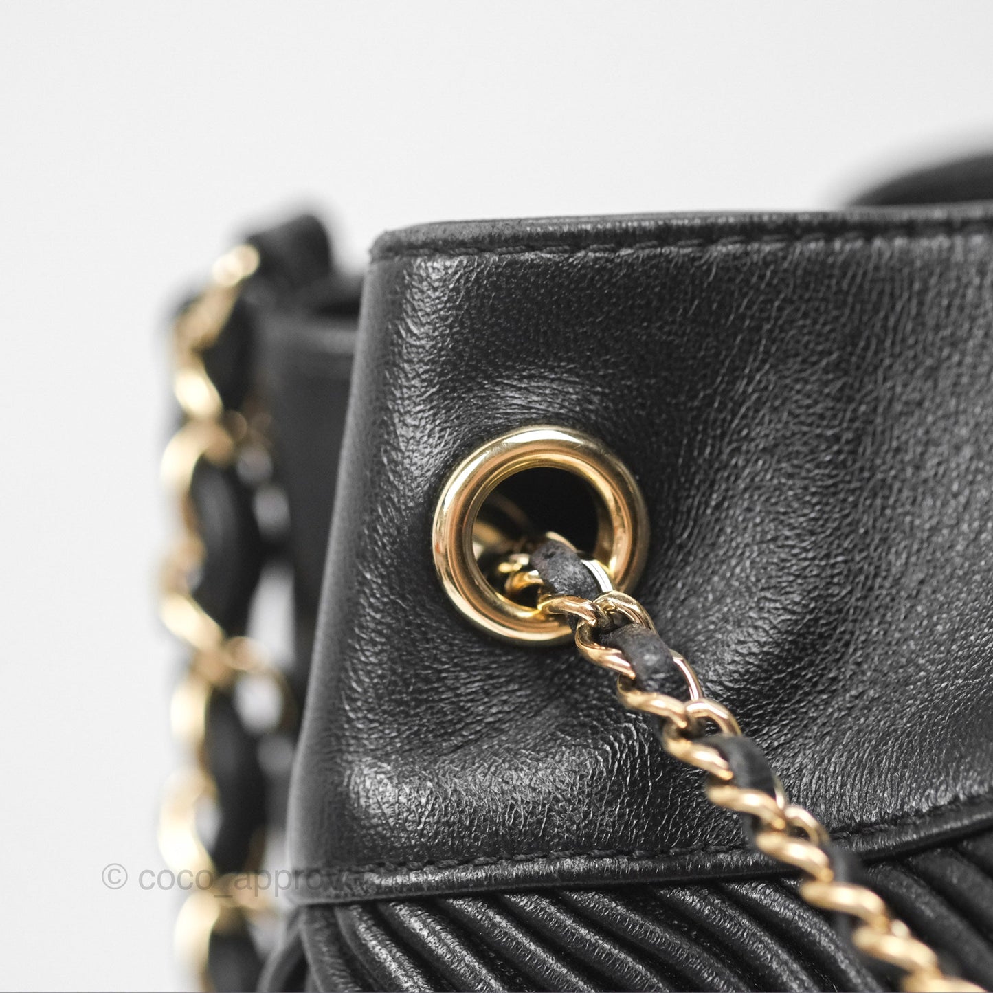 Chanel CC Chain Drawstring Bucket Bag Chevron Black Lambskin Gold Hardware