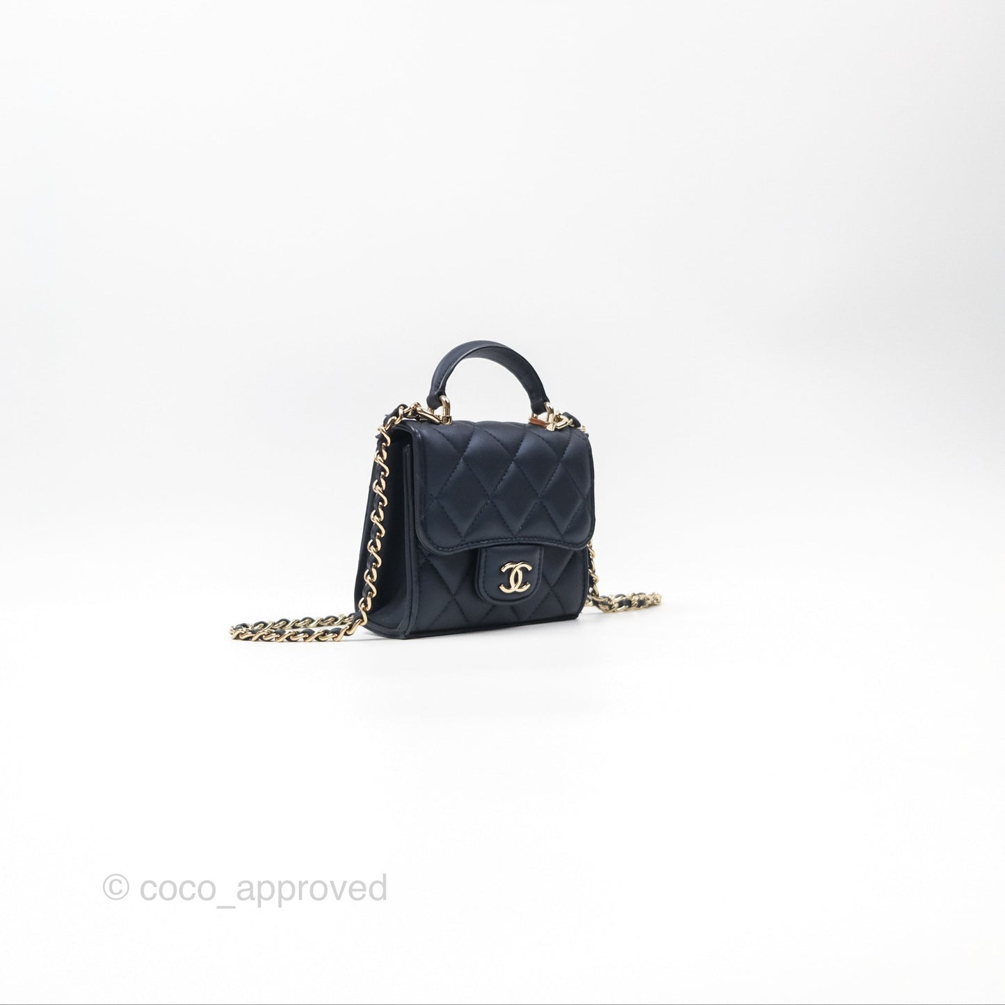 Chanel Mini Handle Clutch With Chain Iridescent Dark Navy Lambskin Gold Hardware