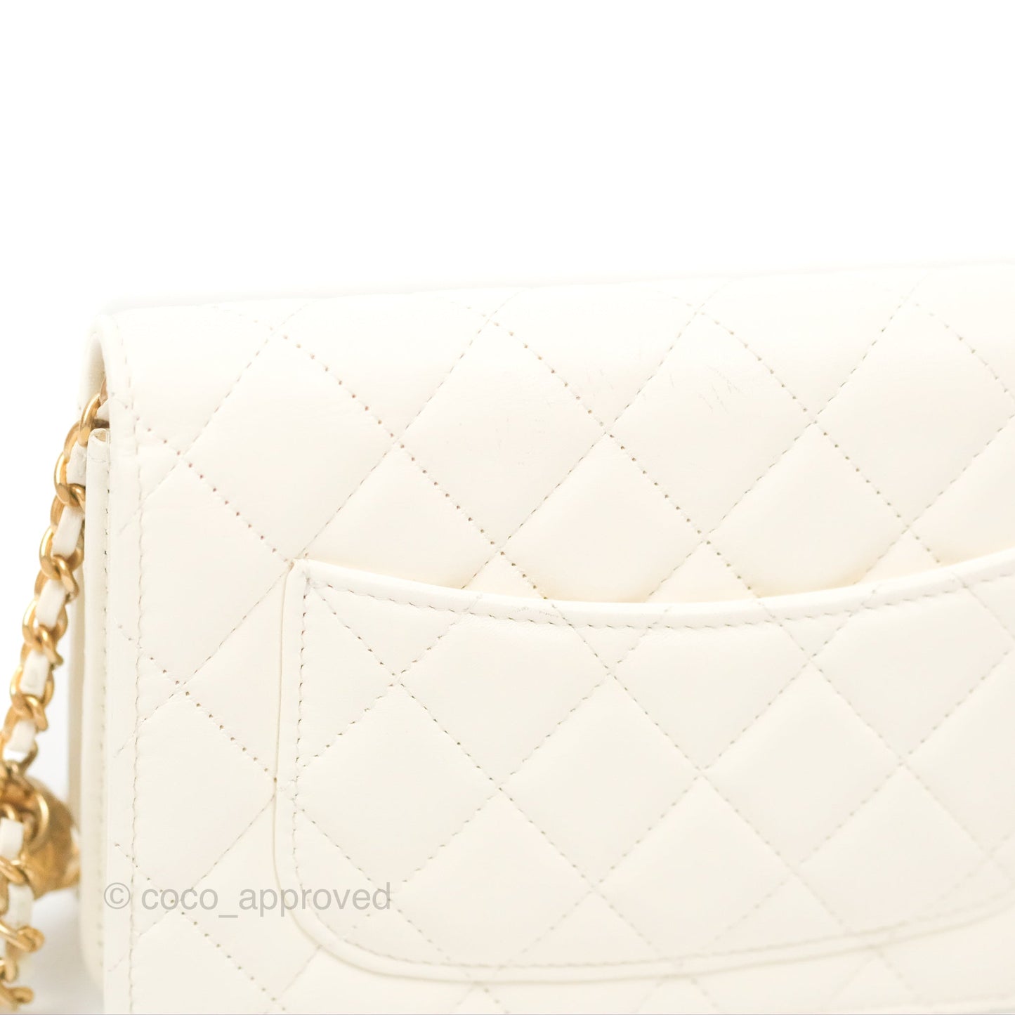 Chanel Quilted Pearl Crush Wallet on Chain WOC White Lambskin Aged Gold Hardware
