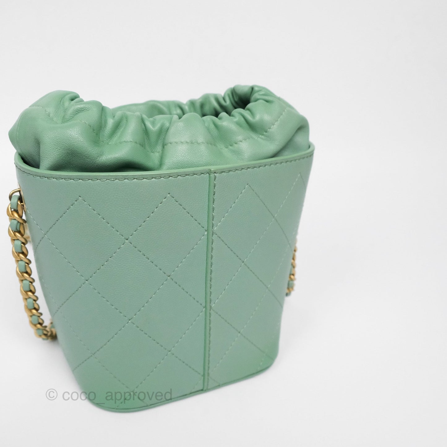 Chanel Drawstring Bucket Bag Quilted Green Caviar Aged Gold Hardware