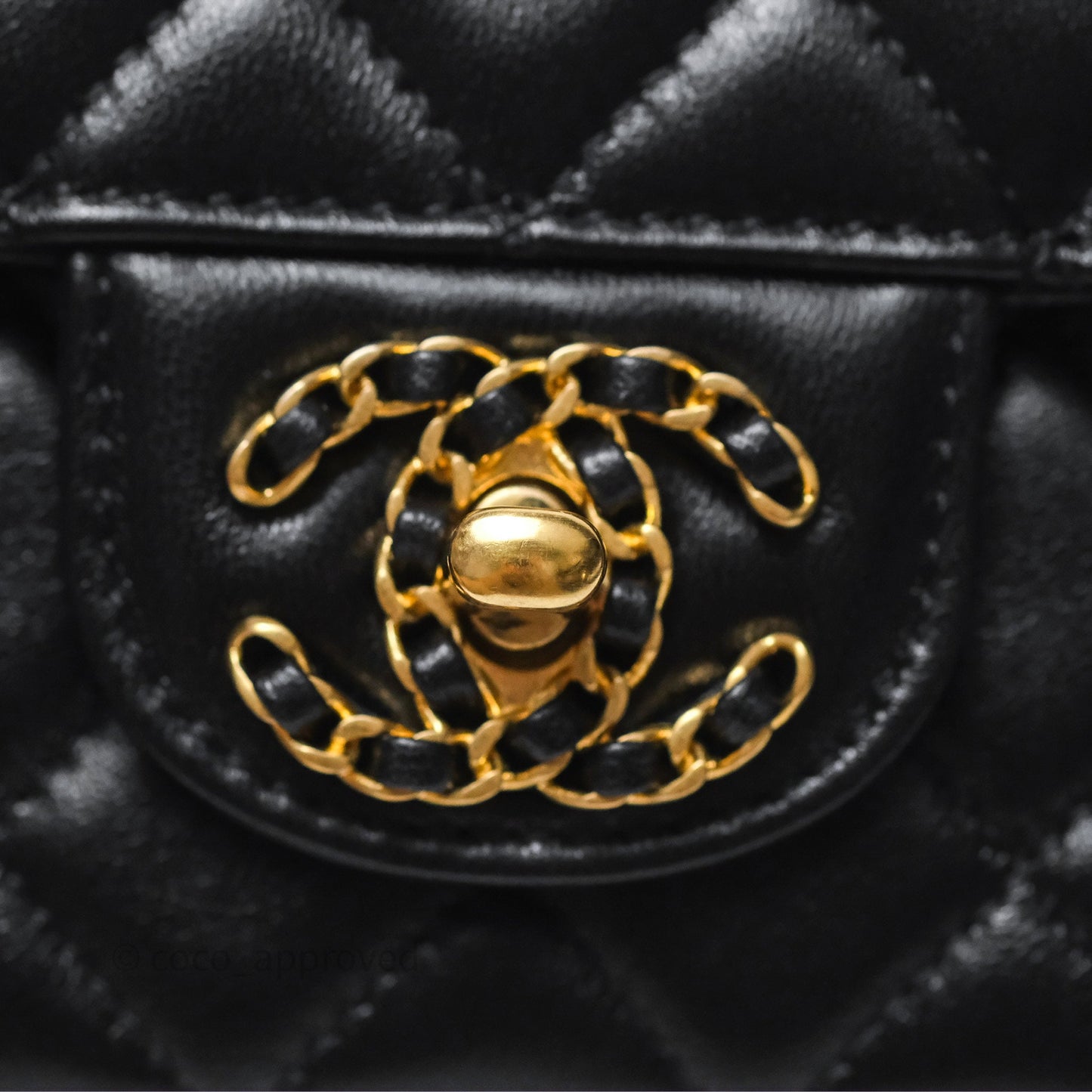 Chanel Flap Bag with Crystal Logo Top Handle Black Lambskin Aged Gold Hardware