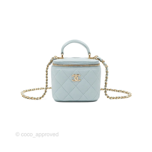 Chanel Mini Top Handle Vanity With Chain Light Blue Lambskin Gold Hardware