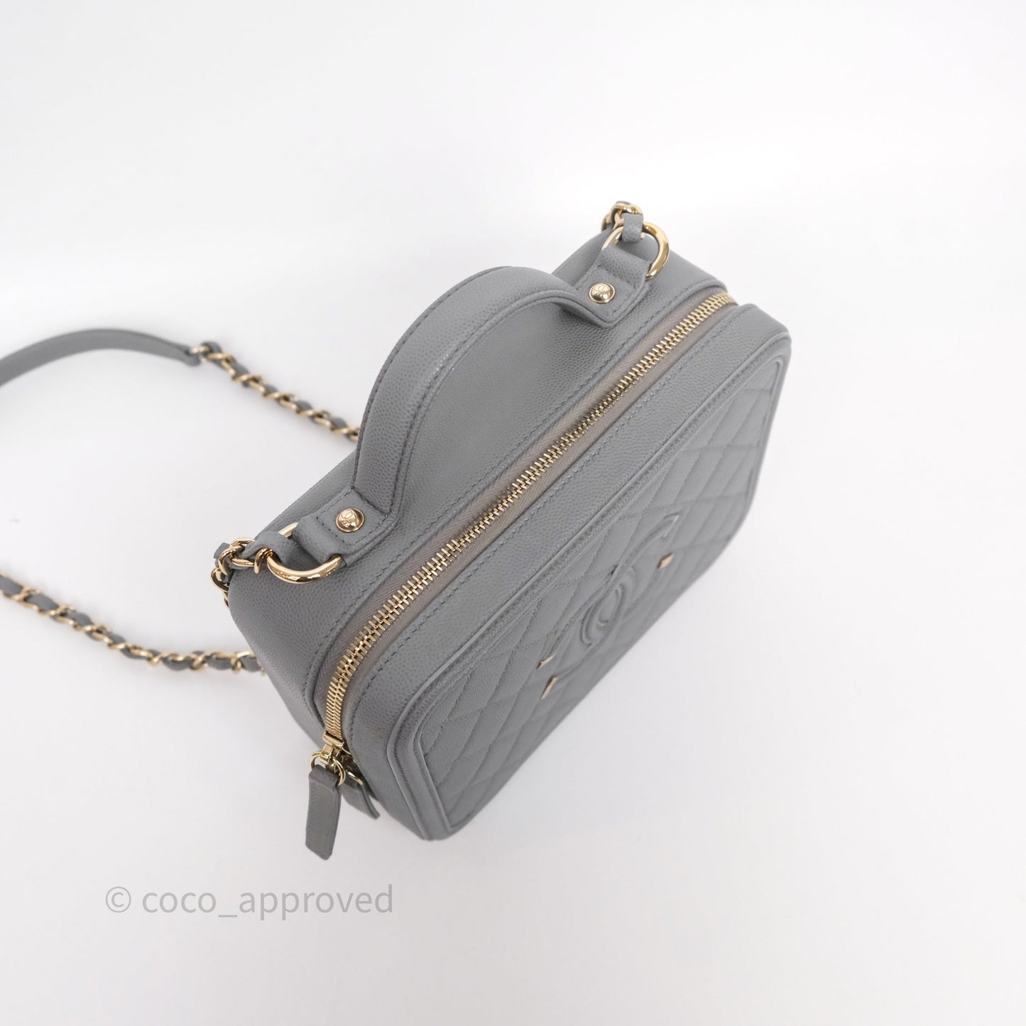 Chanel Medium CC Filigree Vanity Case Quilted Grey Caviar Gold Hardware
