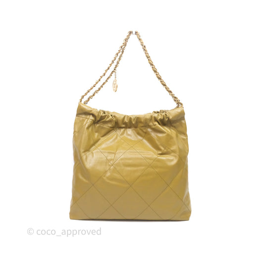 Chanel 22 Bag Medium Crumpled Olive Green Calfskin Aged Gold Hardware