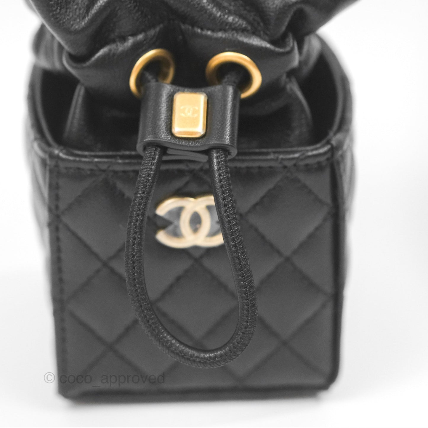 Chanel Mini Drawstring Bucket Bag with Chain Black Calfskin Aged Gold Hardware