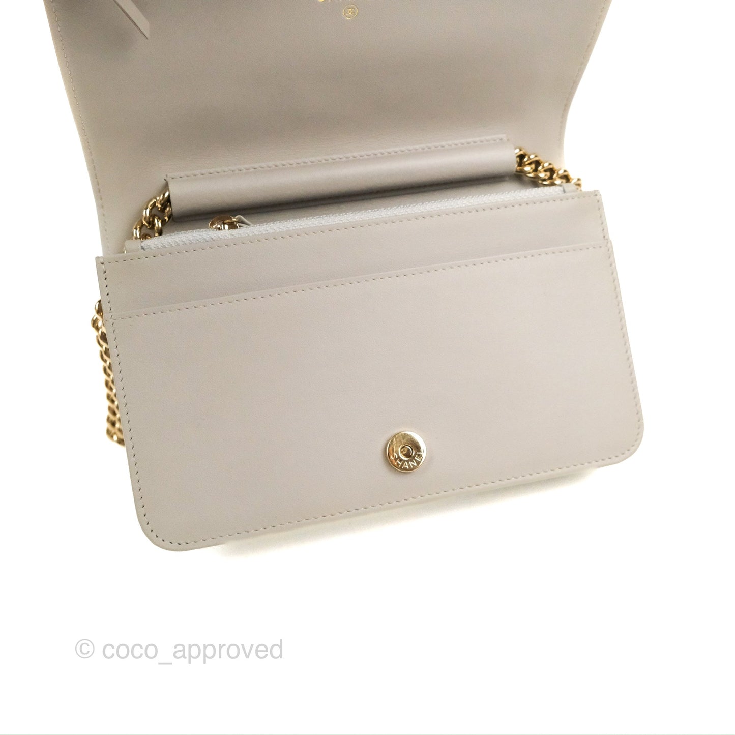 Chanel Quilted Boy Wallet on Chain WOC Light Grey Caviar Gold Hardware