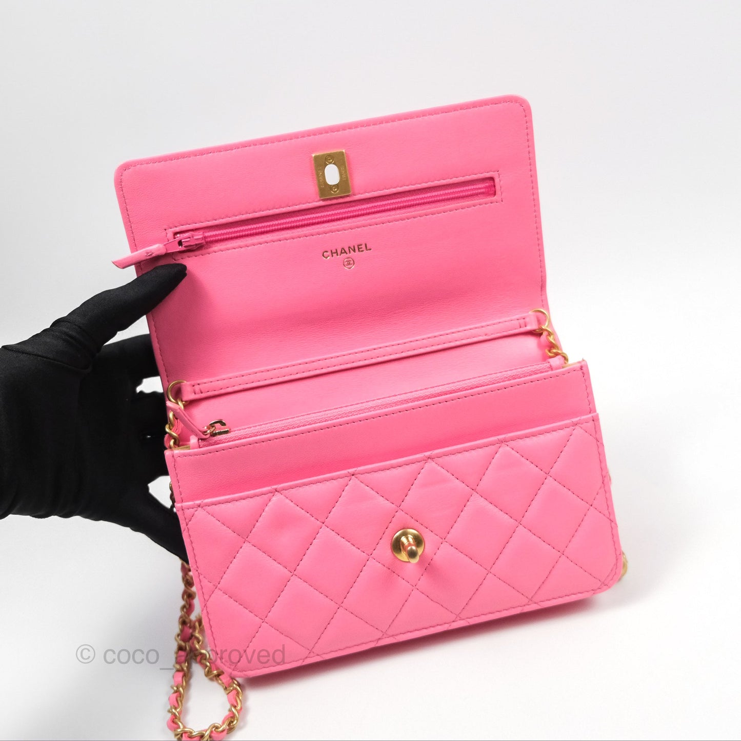 Chanel Quilted Pearl Crush Wallet on Chain WOC Pink Lambskin Aged Gold Hardware