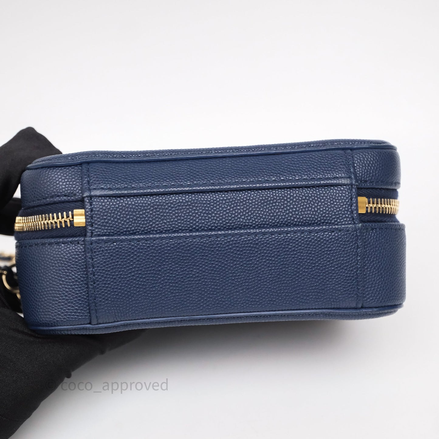 Chanel Quilted Small CC Filigree Vanity Case Navy Caviar Gold Hardware