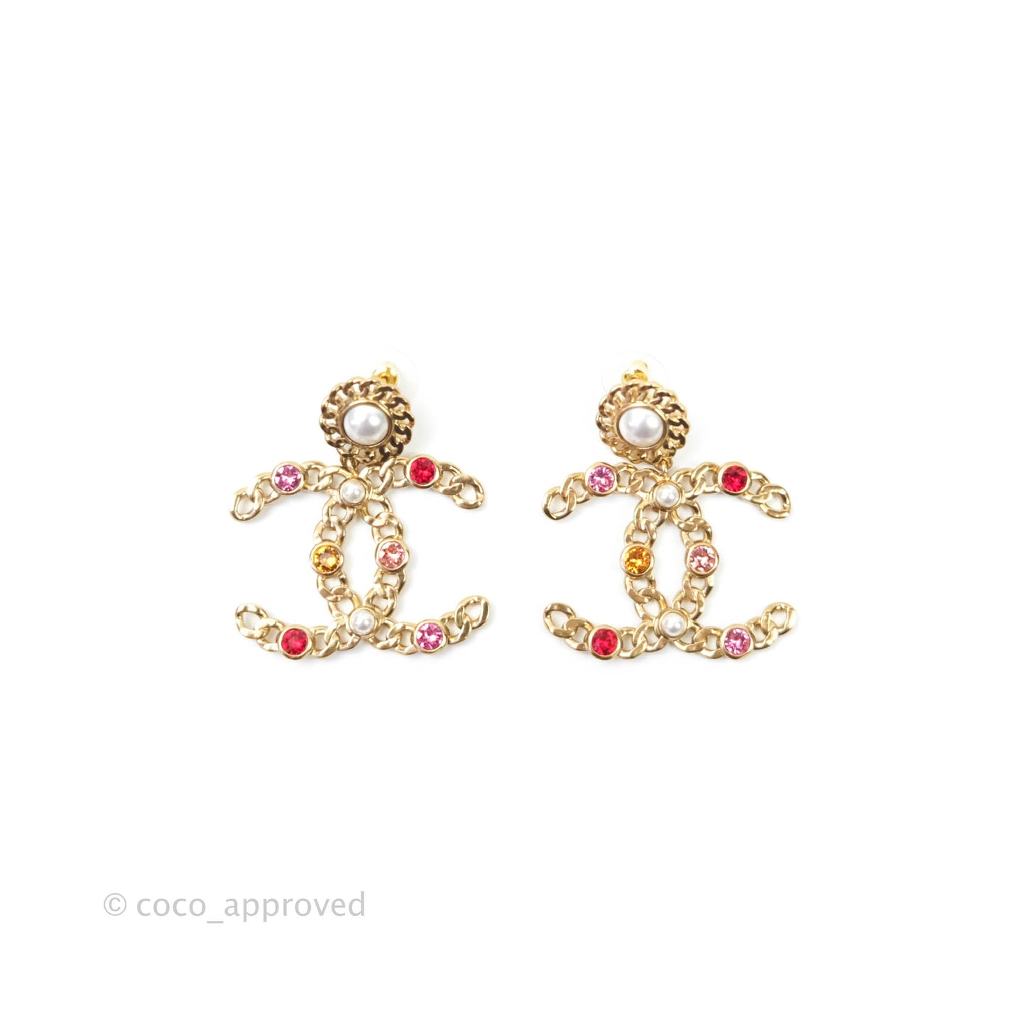 Chanel CC Drop Pearl Crystal Earrings Gold Tone 21P