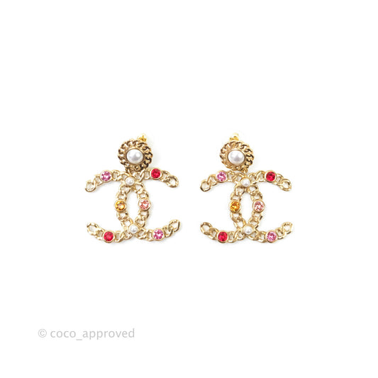 Chanel CC Drop Pearl Crystal Earrings Gold Tone 21P