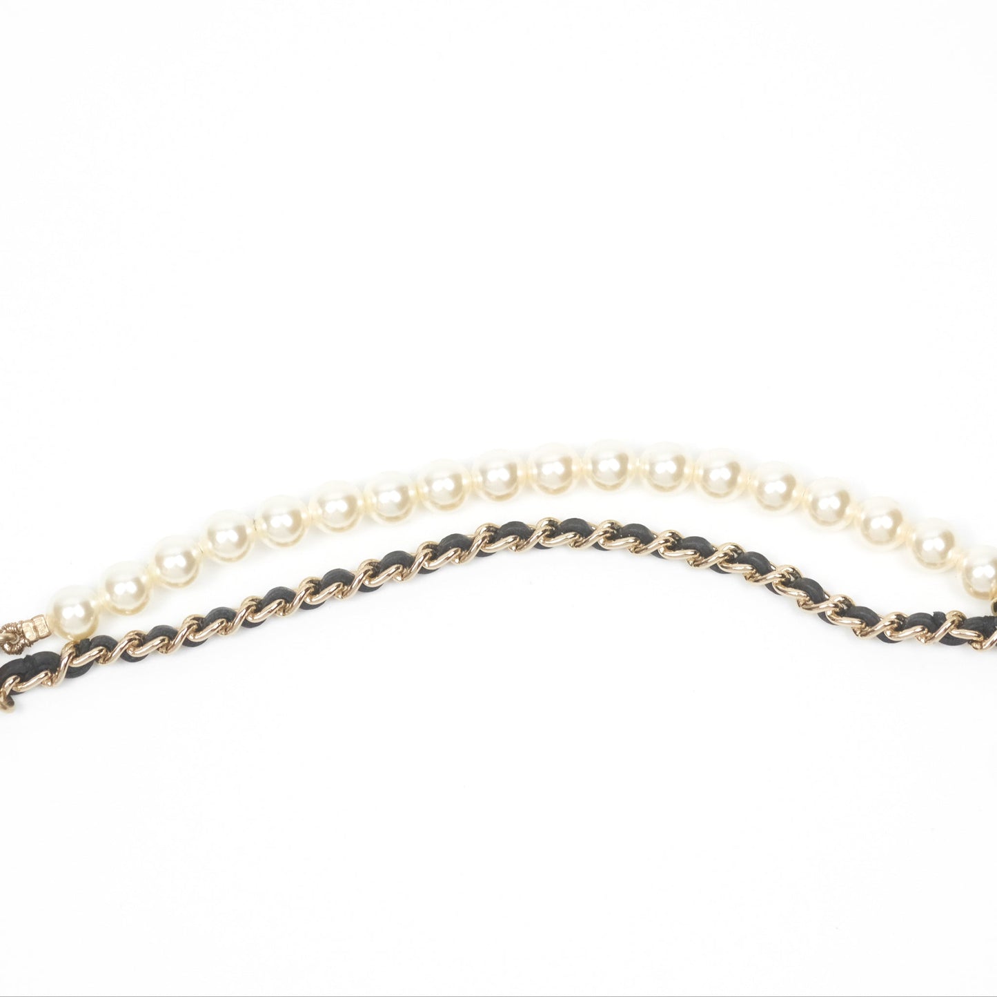 Chanel Crystal CC Pearl Black Leather Chain Braided Necklace Gold Tone 21K
