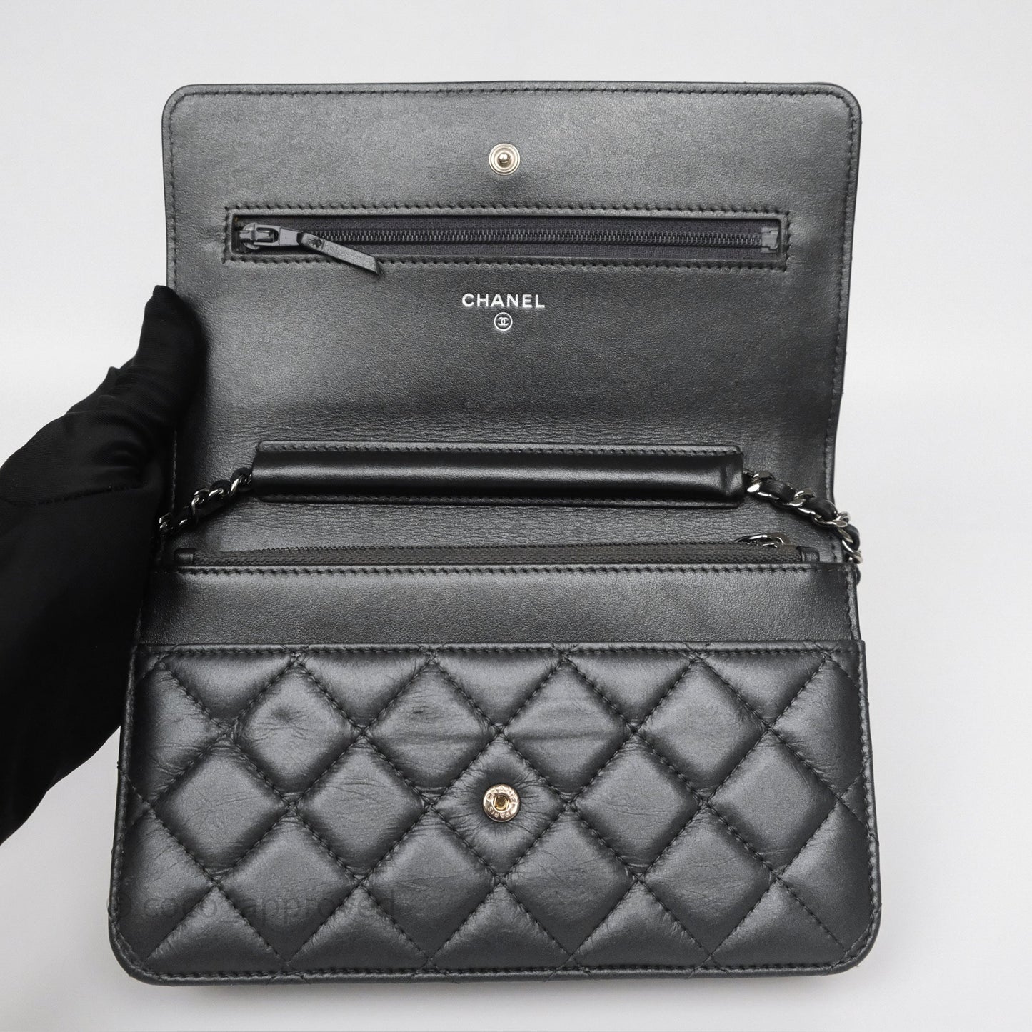 Chanel Tassel Charm Wallet On Chain WOC Iridescent Dark Silver Aged Calfskin