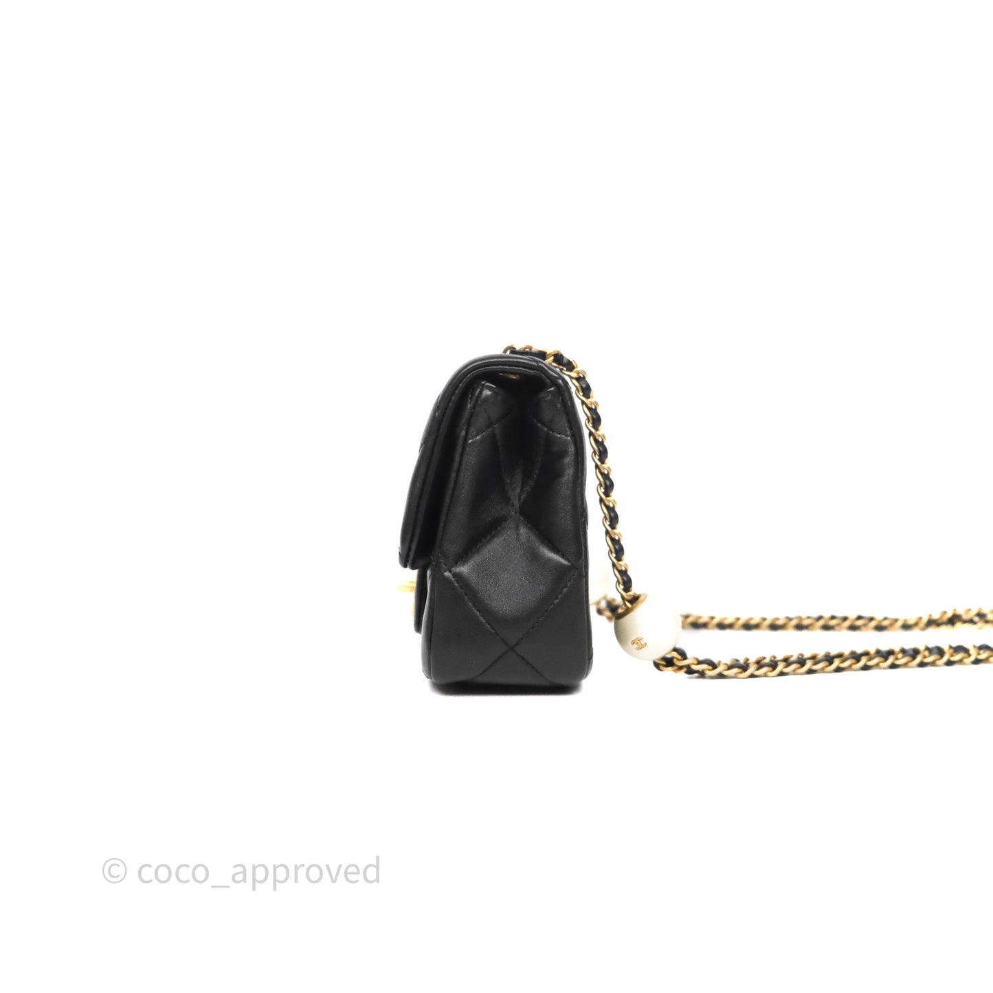 Chanel Quilted Flap Bag with Pearl Chain Black Calfskin Aged Gold Hardware