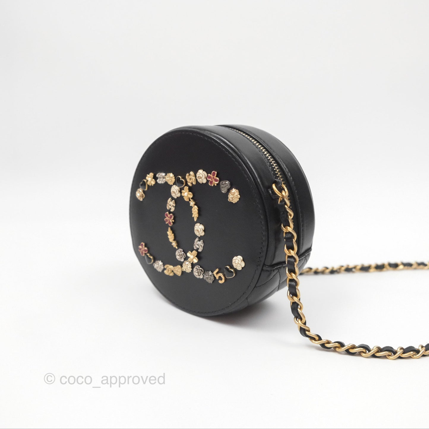 Chanel Studded CC Round Clutch With Chain Black Lambskin Gold Hardware