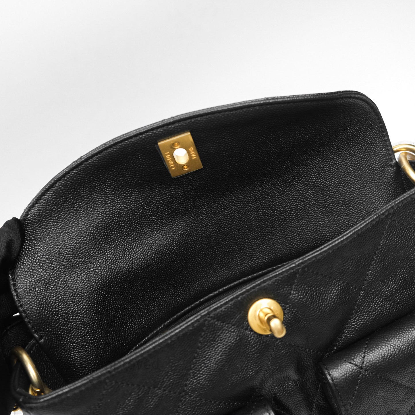 Chanel Double Pocket Hobo Bag Black Caviar Brushed Gold Hardware