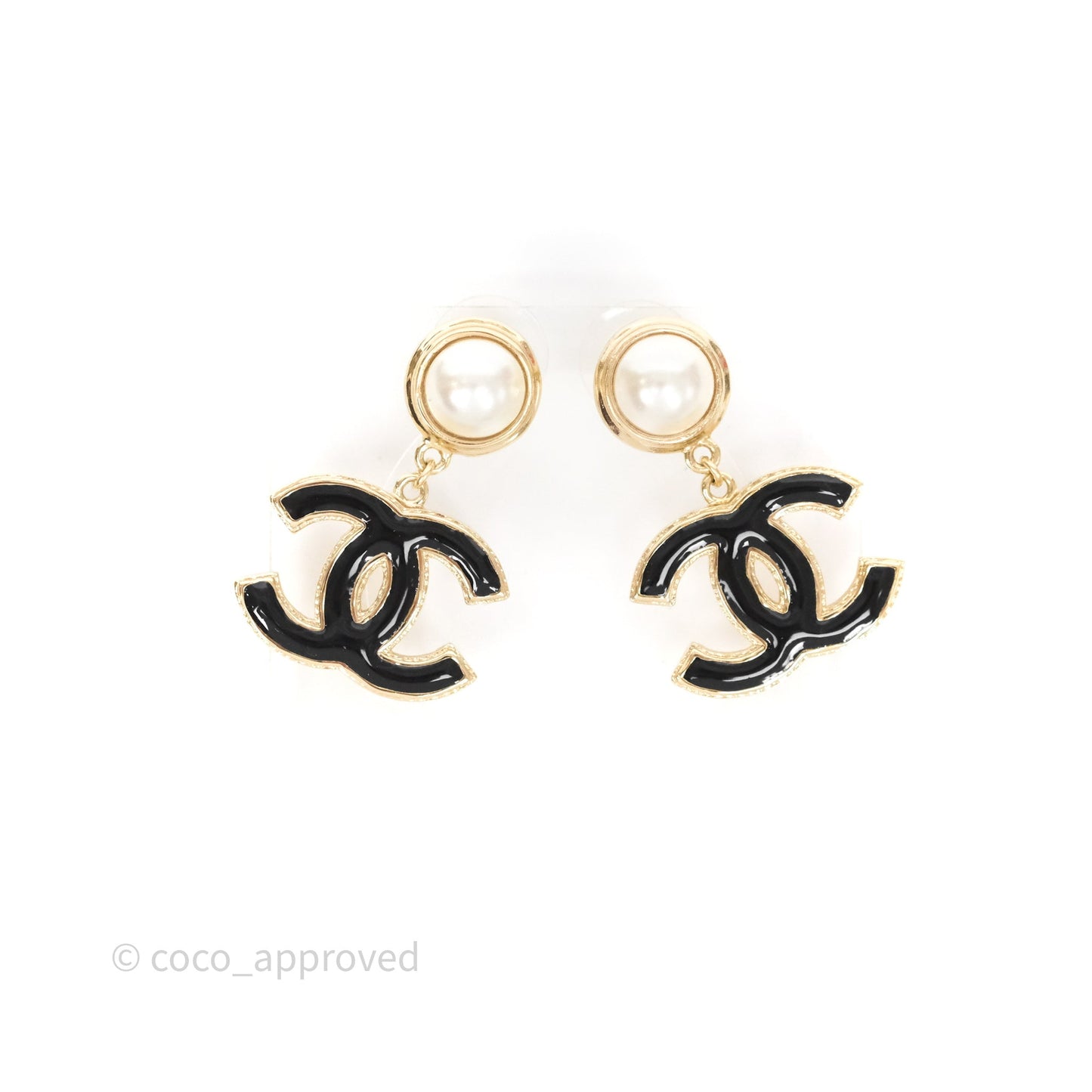 Chanel Round Pearl CC Black Resin Drop Earrings Gold Tone 22A