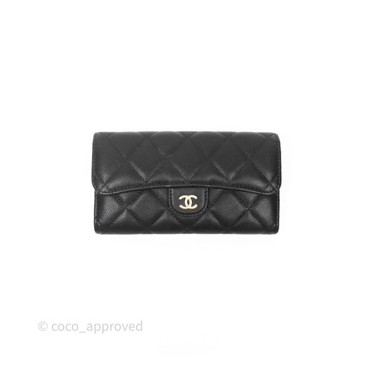 Chanel Classic Quilted Flap Long Wallet Black Caviar Gold Hardware