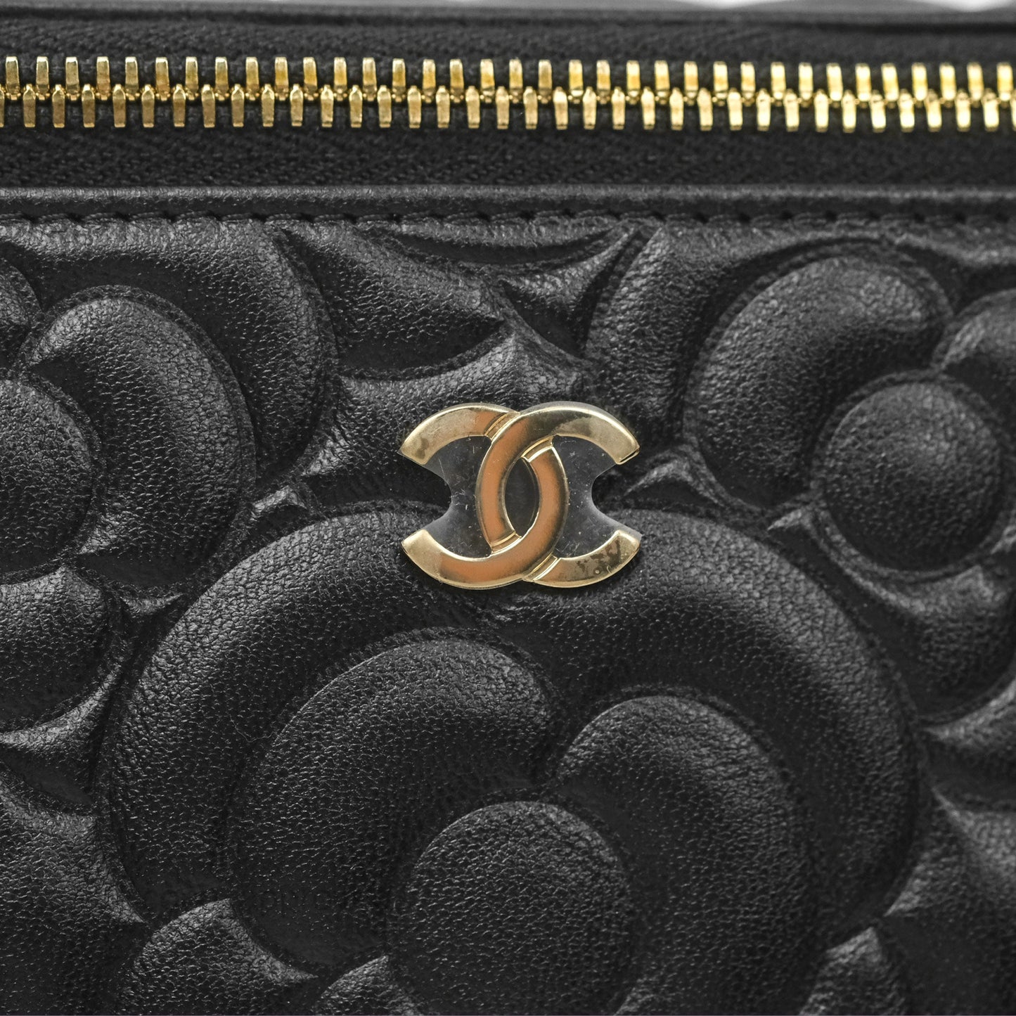Chanel Vanity Rectangular Camellia Embossed Black Lambskin Gold Hardware 21S