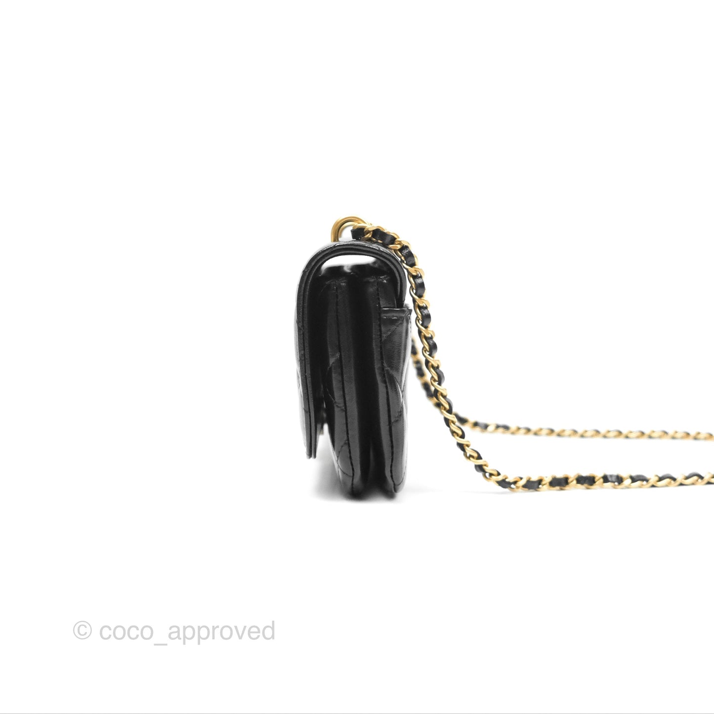 Chanel Flap Phone Holder With Chain Quilted Black Shiny Lambskin