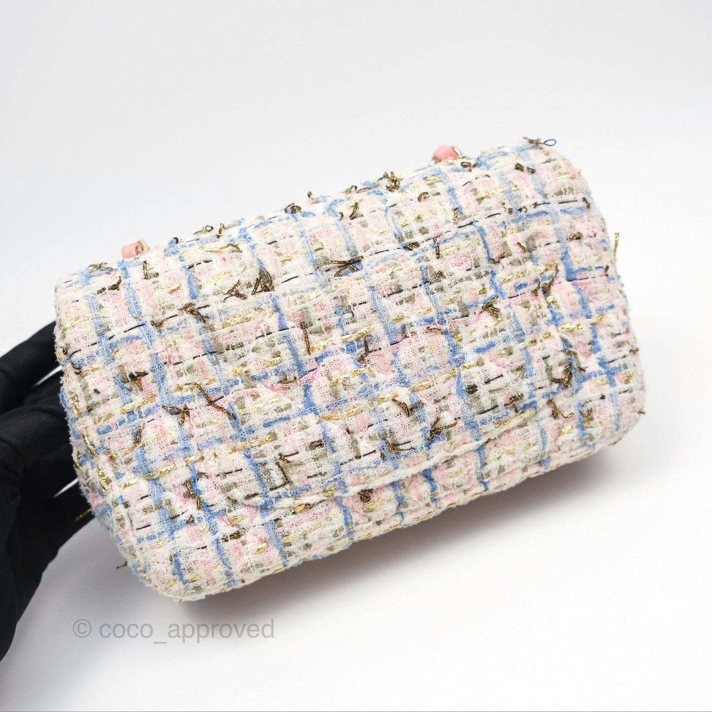 Chanel Mini Rectangular Flap Pink/ Blue/ Gold Tweed Gold Hardware