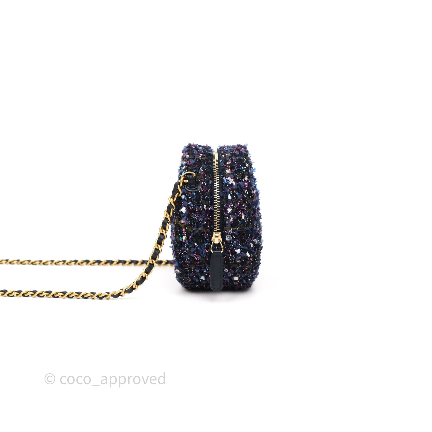 Chanel Charms Round Clutch With Chain Navy Purple Tweed Aged Gold Hardware