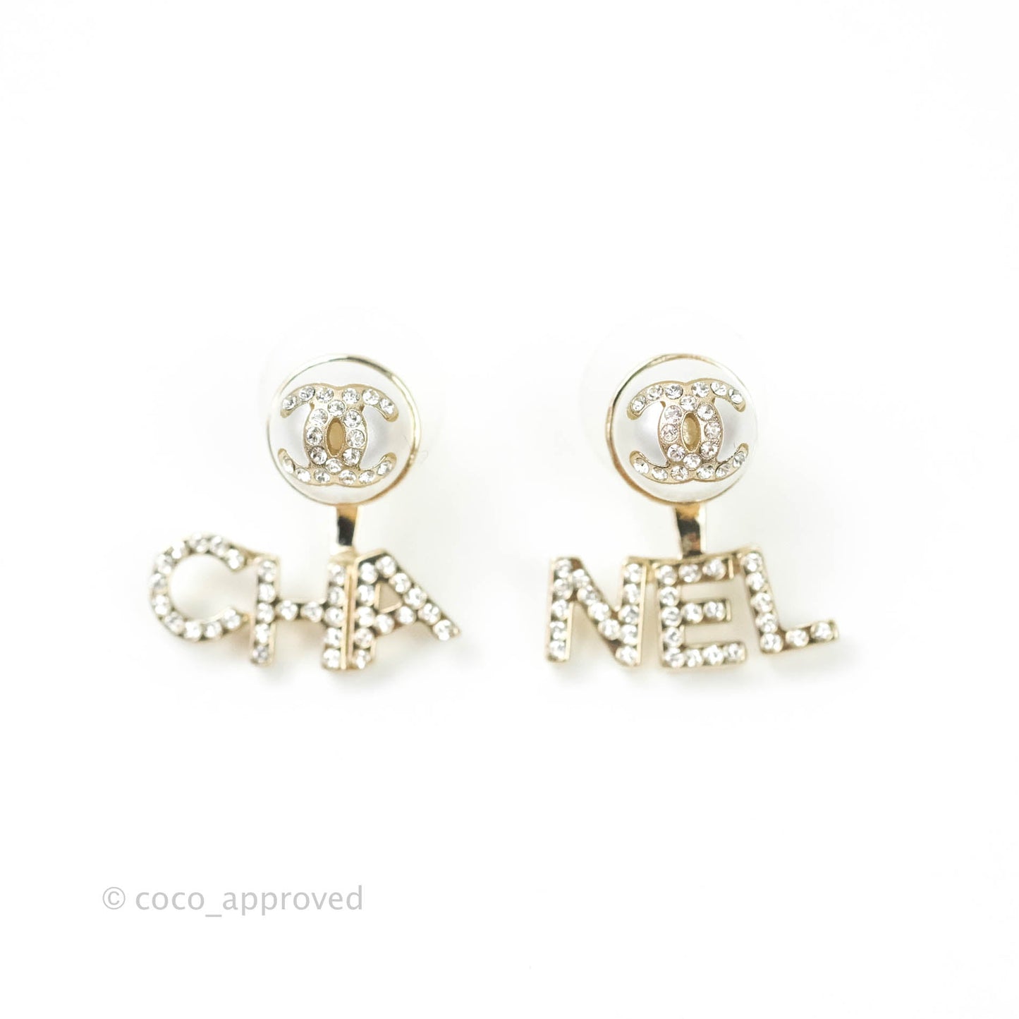Chanel CC Pearl Rhinestone Earrings Gold Tone 21A