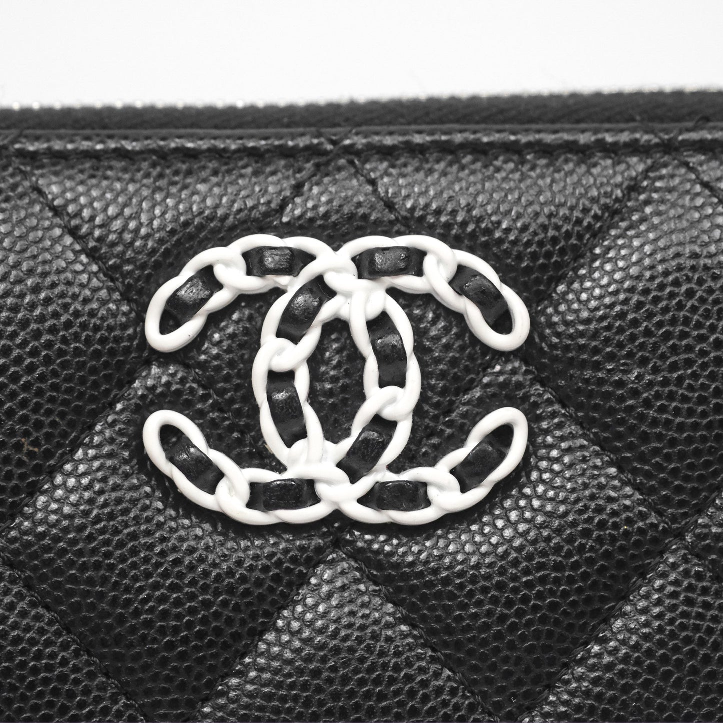 Chanel Zipped Coin Purse Black Caviar White CC Silver Hardware