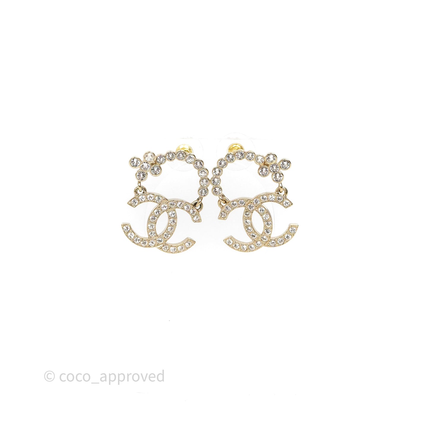 Chanel Crystal CC Floral Earrings Gold Tone 23A