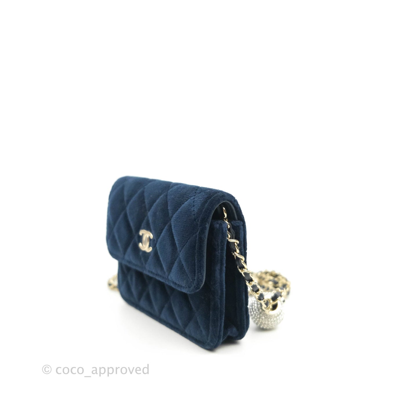 Chanel Crystal Pearl Crush Card Holder Navy Velvet Aged Gold Hardware