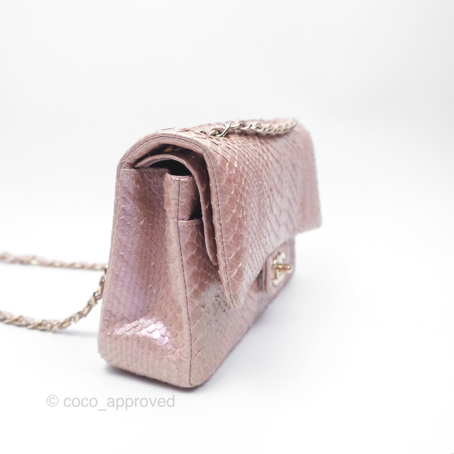 Chanel Classic M/L Medium Flap Quilted Iridescent Pink Python Gold Hardware