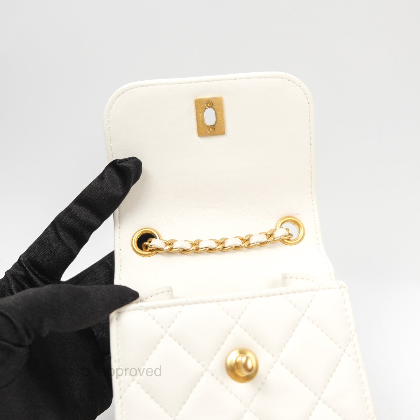 Chanel Quilted Pearl Crush Phone Holder With Chain White Lambskin