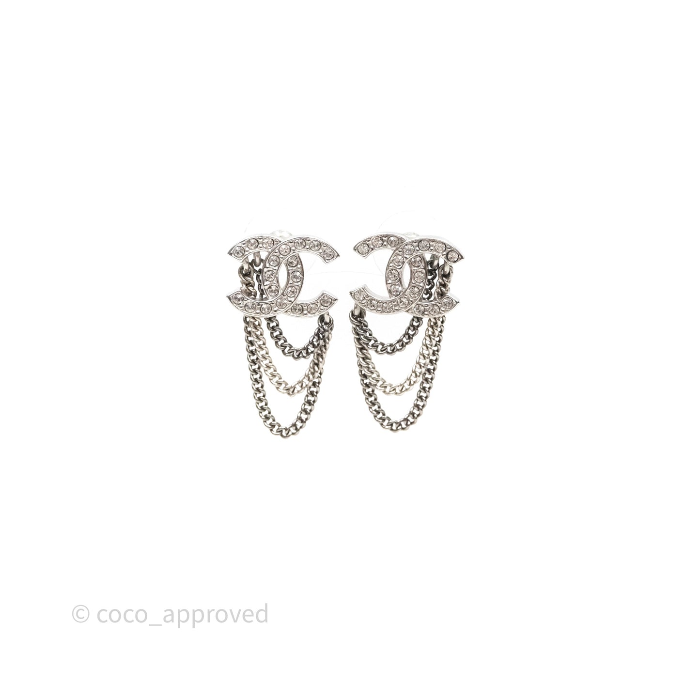 Chanel CC Crystals Chains Drop Earrings Silver Tone 21B