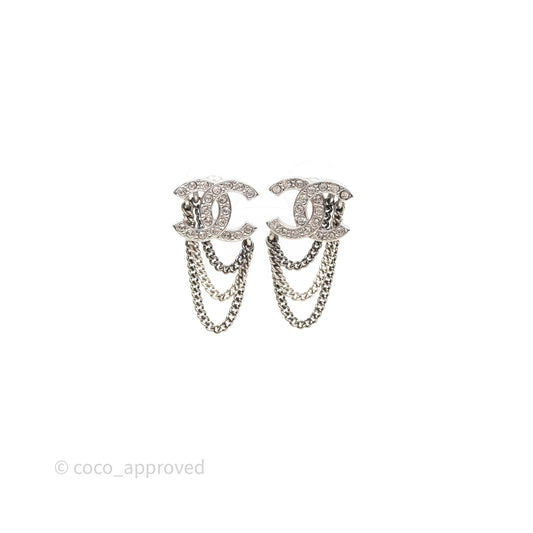 Chanel CC Crystals Chains Drop Earrings Silver Tone 21B