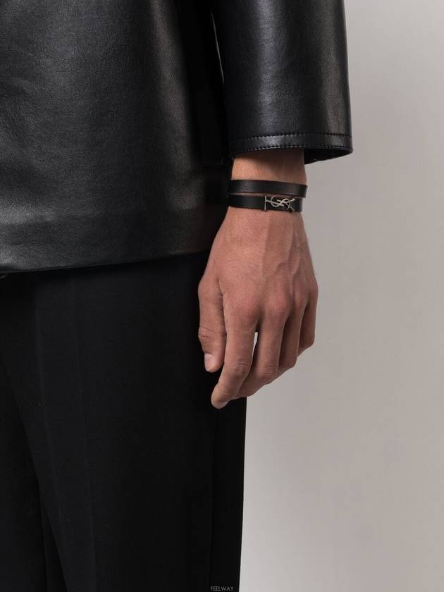 Luxury Saint Laurent Silver Logo Leather Bracelet Black