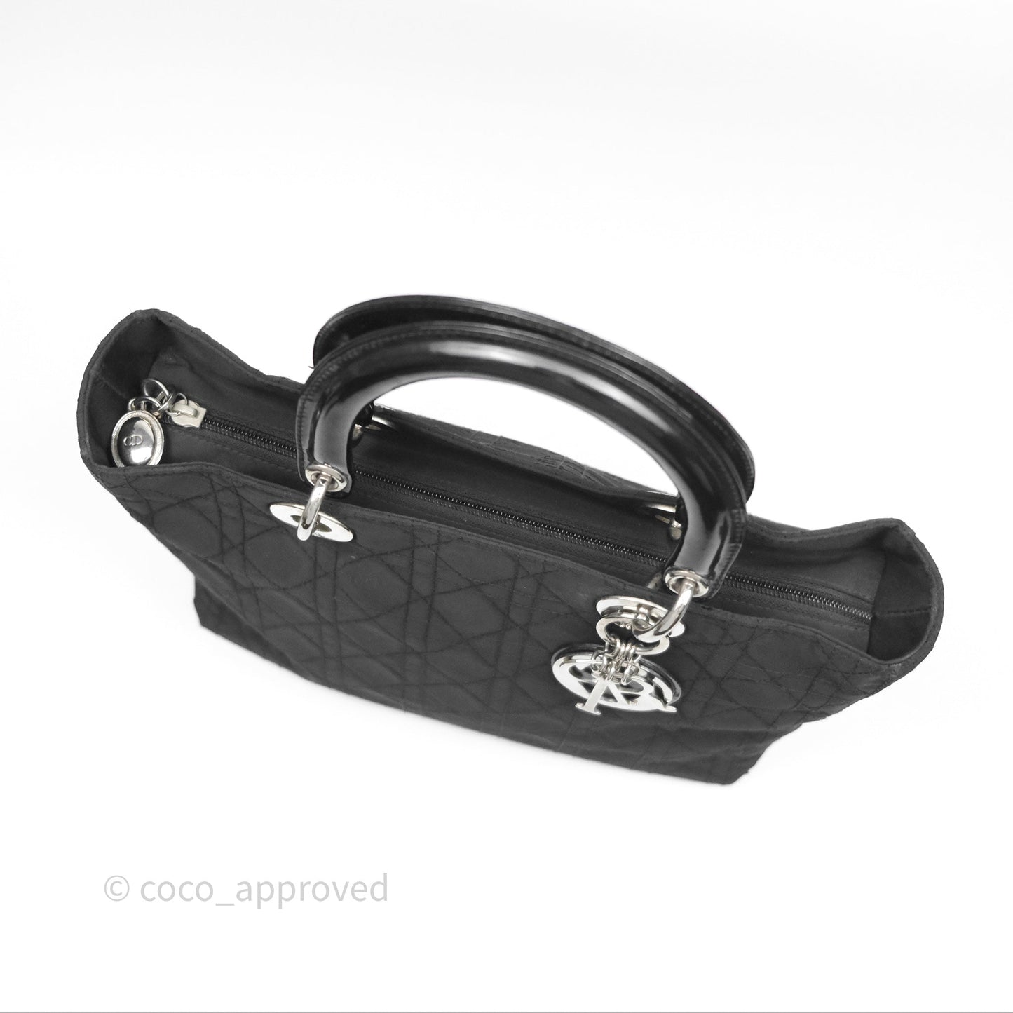 Christian Dior Vintage Large Lady Dior Cannage Fabric Black Silver Hardware