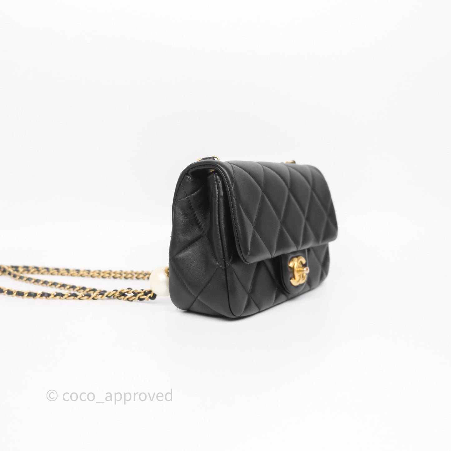 Chanel Quilted Flap Bag with Pearl Chain Black Calfskin Aged Gold Hardware
