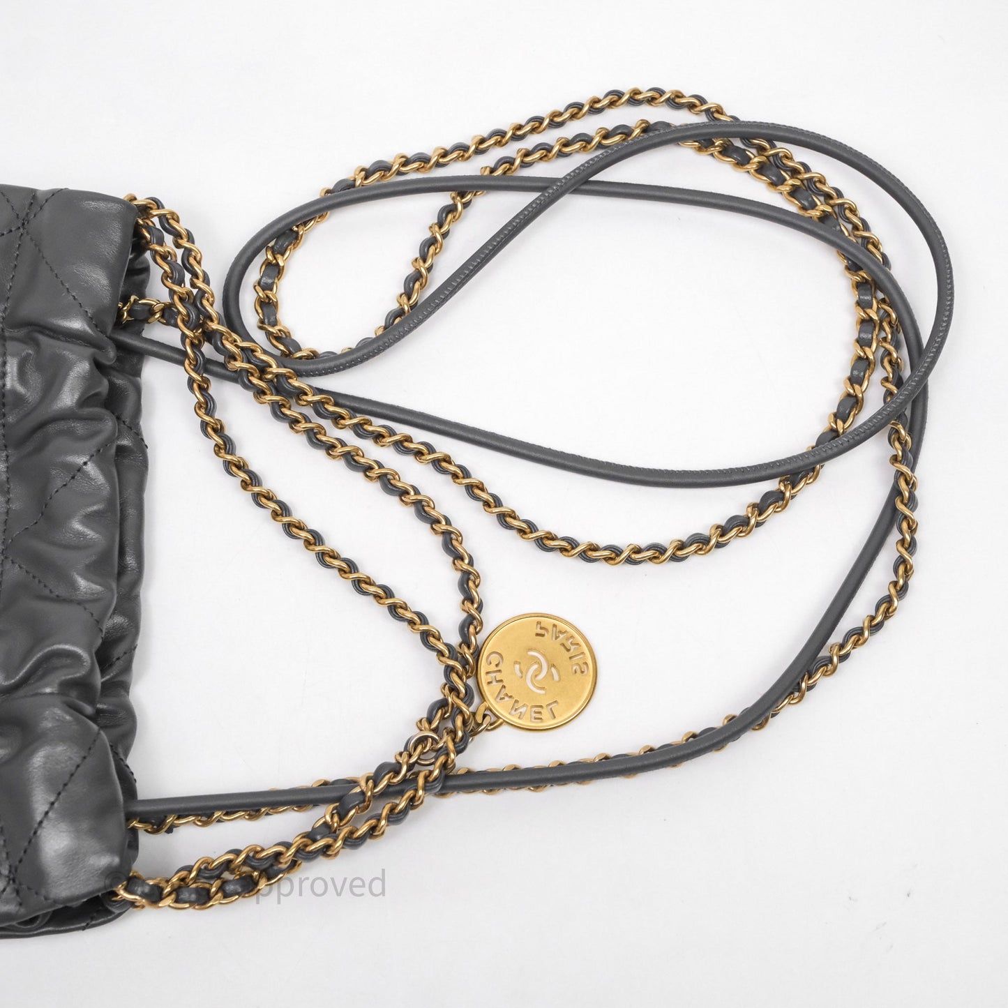 Chanel 22 Mini Bag Dark Grey Shiny Crumpled Calfskin Aged Gold Hardware