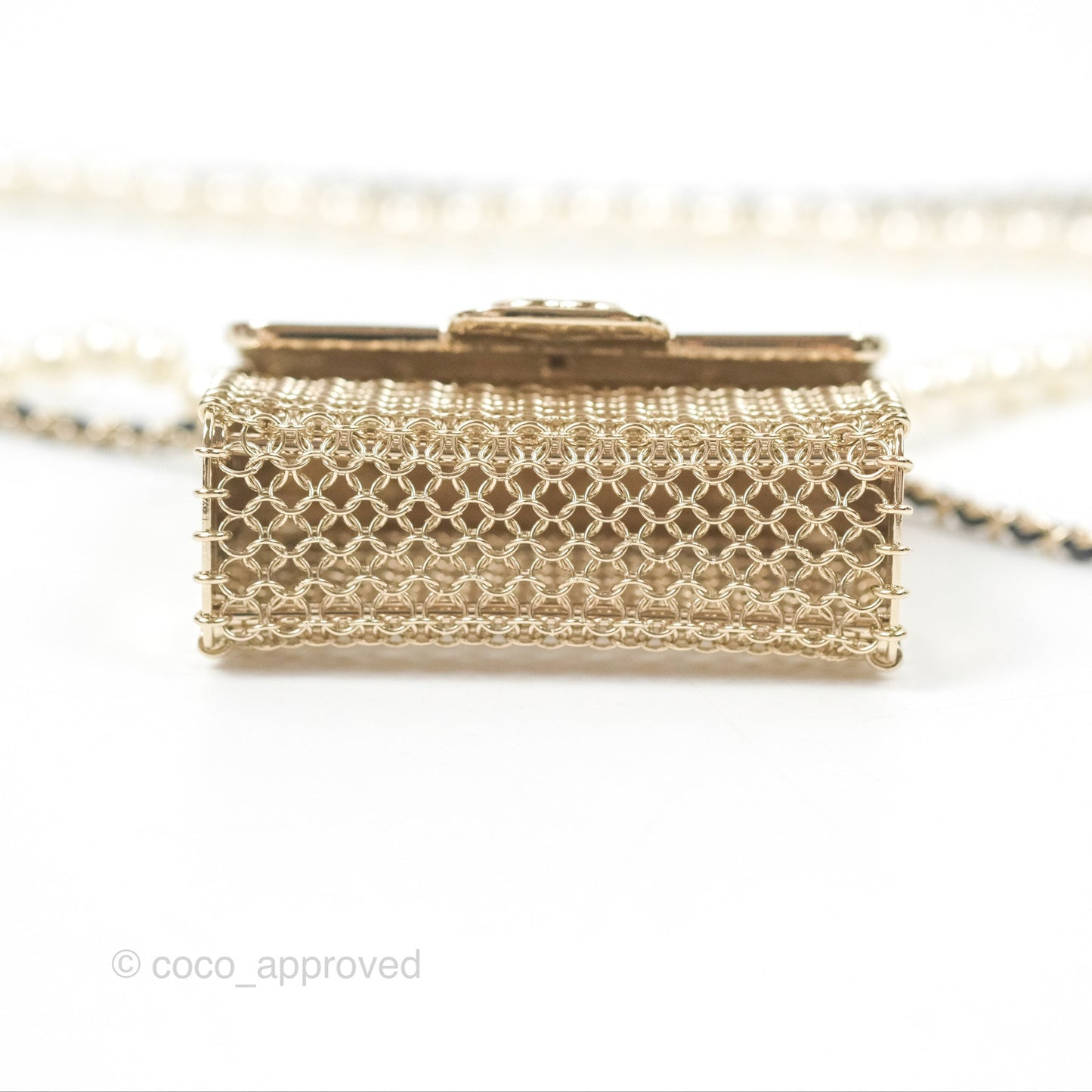 Chanel Flap Bag Charm Pearl Chain Black Leather Long Necklace Gold Tone 21S