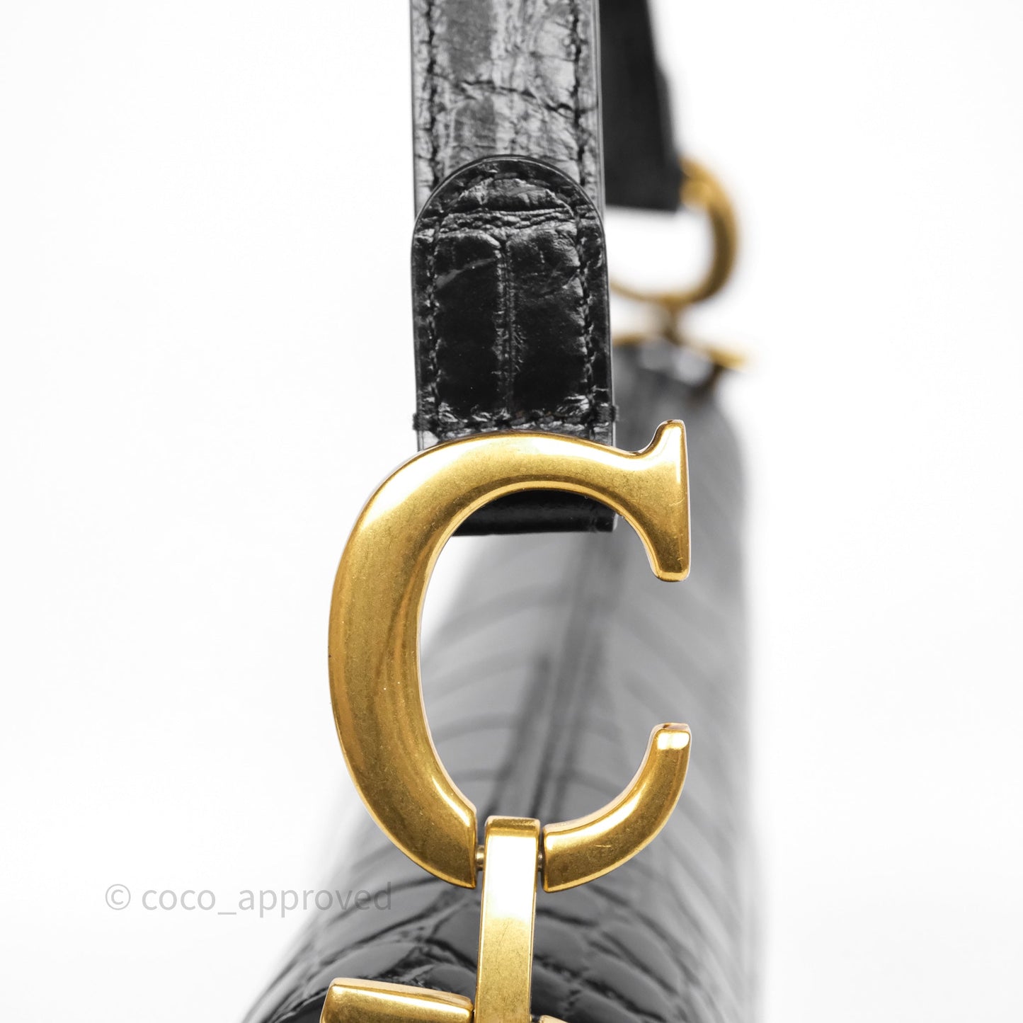 Christian Dior Saddle Bag Black Shiny Crocodile Gold Hardware