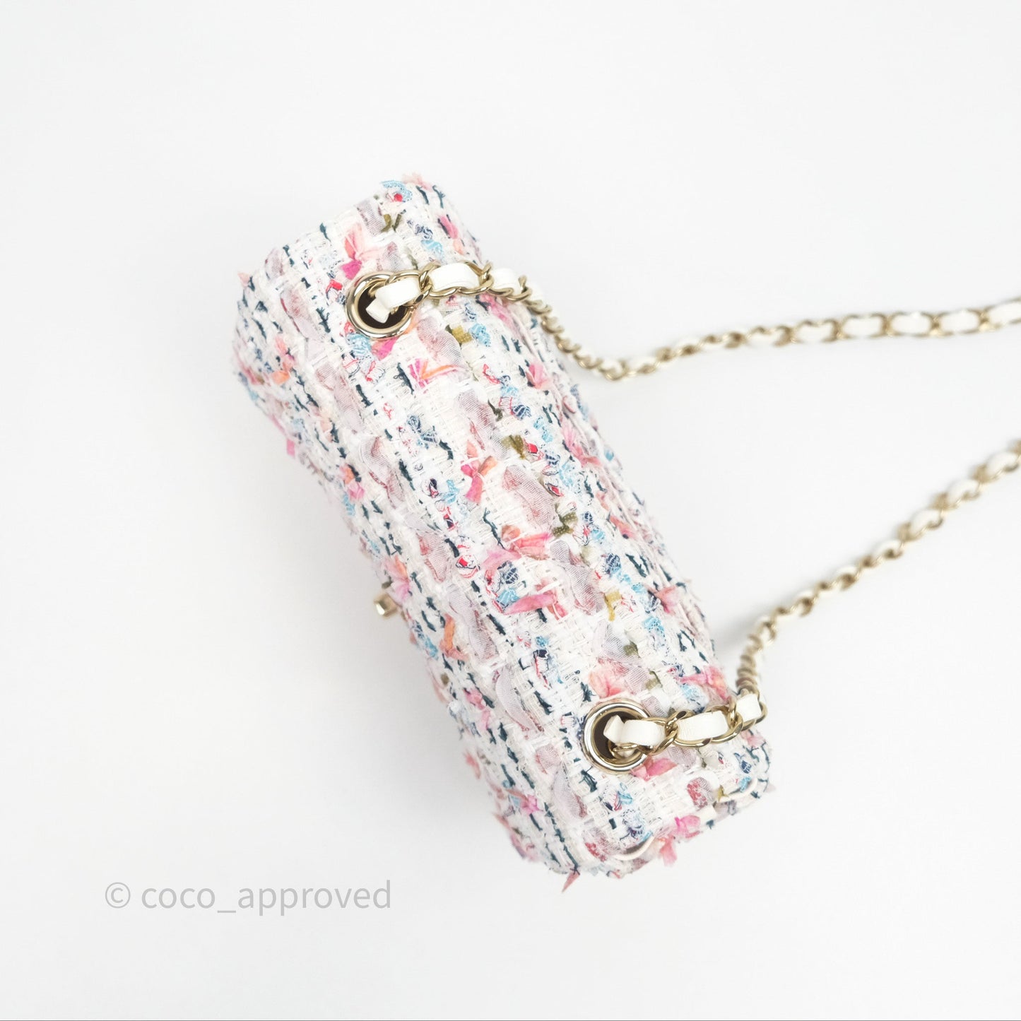 Chanel Tweed Quilted Mini Rectangular Flap Pink Tweed Gold Hardware 22K