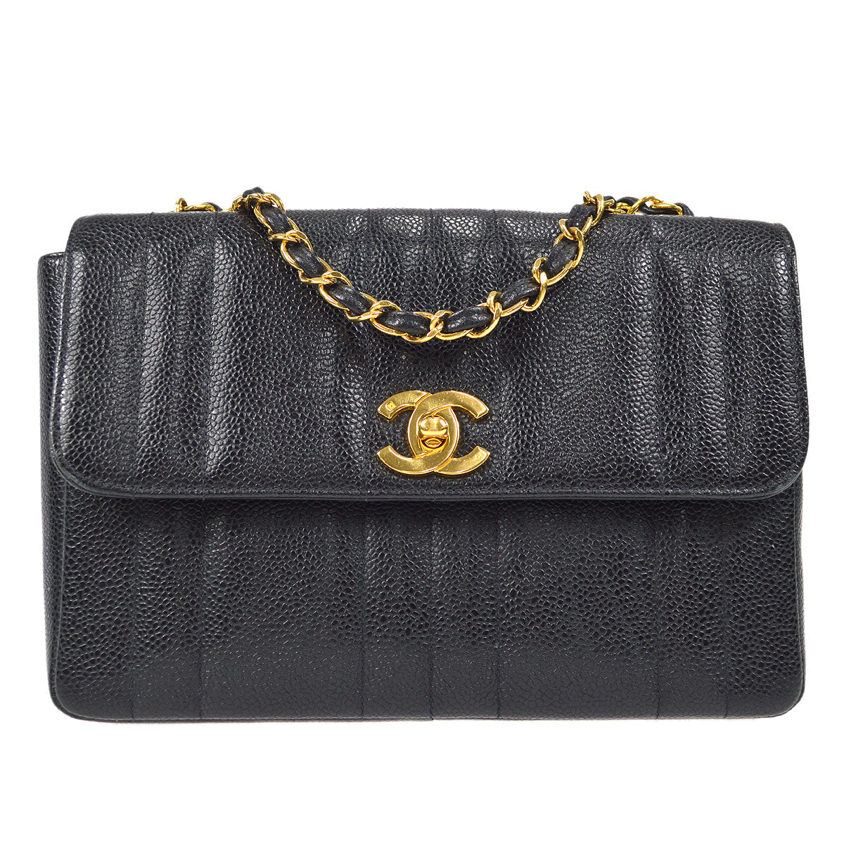 Luxury Chanel 1994-1996 Black Caviar Small Vertical Stitch Straight Flap Bag
