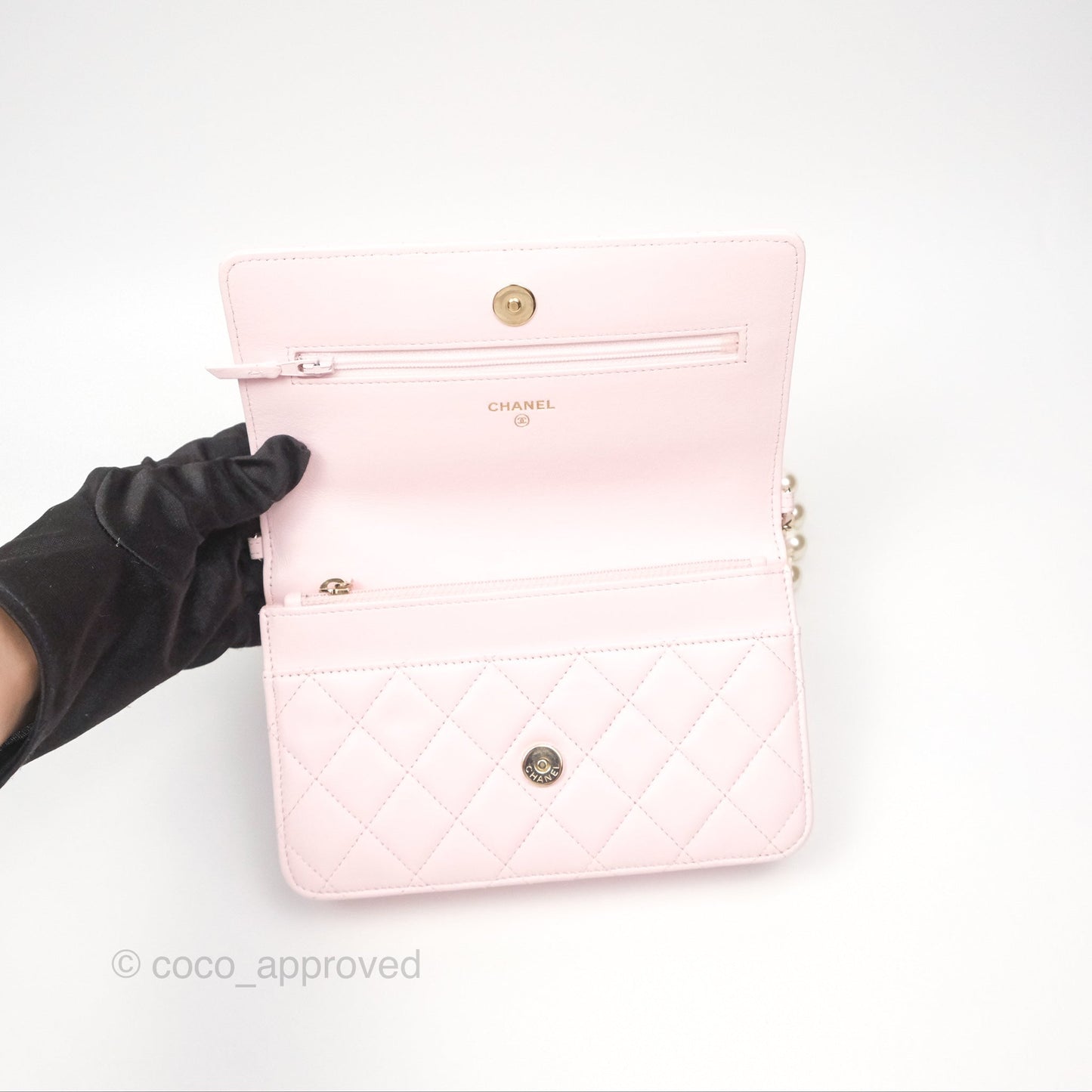 Chanel Wallet On Chain WOC Pearl Chain Iridescent Light Pink Lambskin Gold Hardware