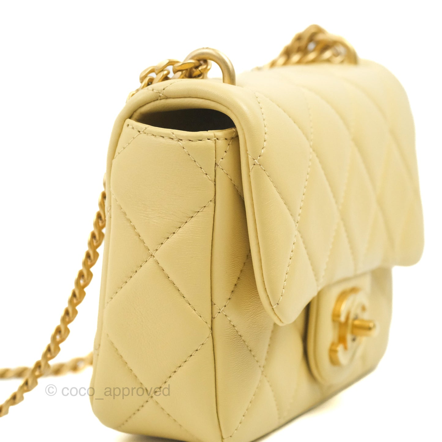 Chanel Enamel Quilted Pending CC Mini Square Flap Yellow Lambskin Aged Gold Hardware 22P